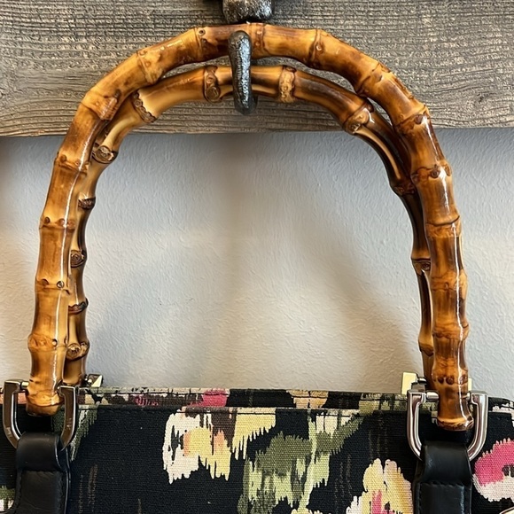 Talbots Floral Satchel Bag Bamboo Handles Fabric Black Faux Leather Trim - Picture 3 of 8